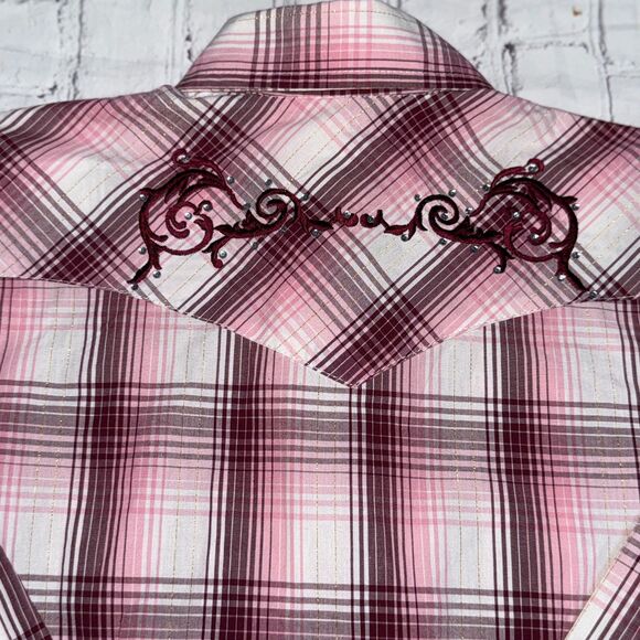 Cedar Rose Youth XL Embroidered Western Snap Shirt – Maroon & Pink Long Sleeve - Picture 4 of 5